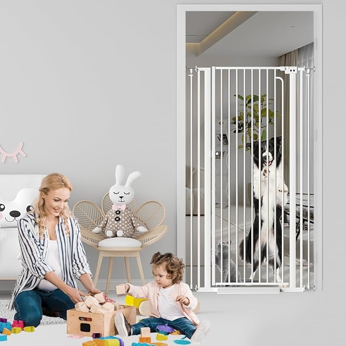 57" Extra Tall Cat Gate, 43.3"-48.0" Wide Pet Gate for Doorway, Pressure Mounted Tall Baby Gate with Door, Walk Through Dog Gate Indoor Stairs, Auto Close Cat Safety Gates, White