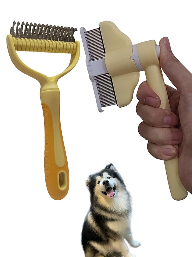 2-in-1 Pet Grooming Kit: Detangling Comb & Self-Cleaning Rotating Brush for Dogs Cats - Stainless Steel Teeth, Slicker Brush Alternative, Tangle Remover, Shedding Tool