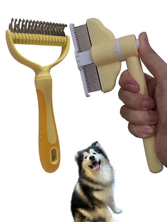 2-in-1 Pet Grooming Kit: Detangling Comb & Self-Cleaning Rotating Brush for Dogs Cats - Stainless Steel Teeth, Slicker Brush Alternative, Tangle Remover, Shedding Tool