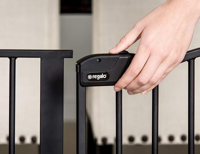 Regalo 2-in-1 Extra Tall Easy Swing Stairway and Hallway Walk Through Baby Gate, Black 1 Count & Deluxe Home Accents Widespan Safety Gate, 74.5" W x 28" H, Includes 4 Wall Mounts, Black