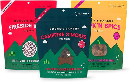 Bocce's Bakery by The Fire Assorted Treat Bundle for Dogs, Wheat-Free Everyday Dog Treats, Made with Real Ingredients, Baked in The USA, Natural Soft & Chewy Cookies, 6 oz Each