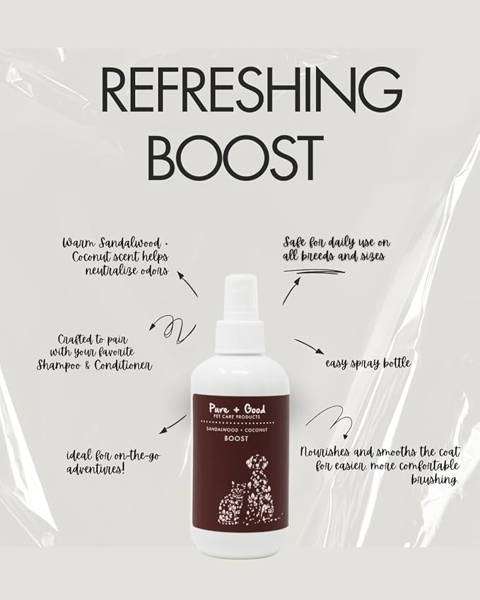 Refreshing Boost 8 oz - Nourishes Skin and Smoothes Coat, Deodorizing, Conditioning - Plant Based Fragrance Oils (Sandalwood + Coconut)