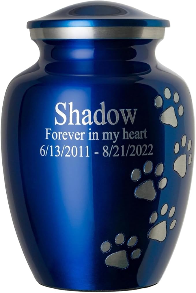 Ottillie Paws Premier Series Pet Urn for Dogs and Cats with Personalized Laser Engraving (Small - Pets up to 25 lbs, Sapphire Blue with Vertical Pewter Paws)