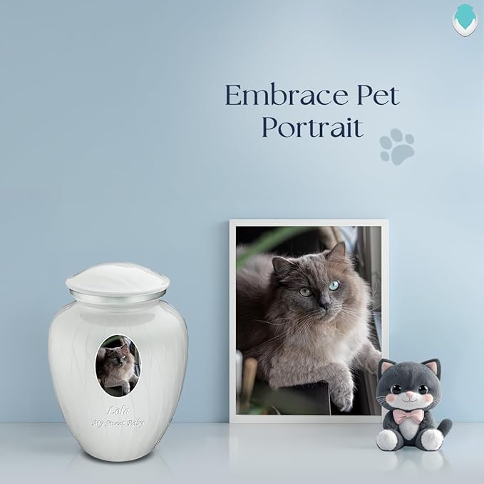 Geturns Embrace Personalized Picture Urn for Small Pets I Pearl White Photo Cremation Urns for Dogs and Cats I 44 lbs