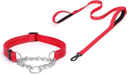 Martingale Dog Collar with Stainless Steel Chain and Leash Set, Martingale Collar with Reflective, 5FT Double Handle Dog Leash Padded, Adjustable for Medium Large Dogs (M, Red)