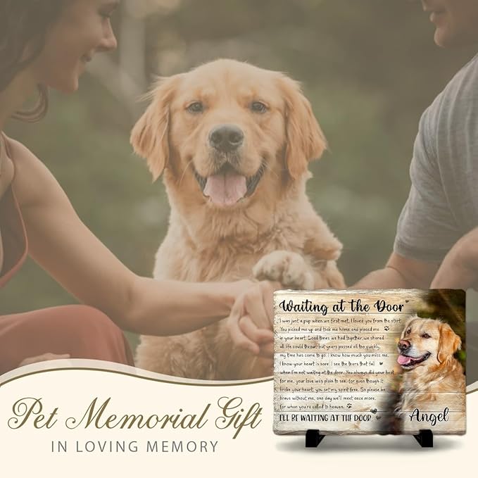 Personalized Dog Memorial Stone - Waiting at The Door Poem Plaque - Pet Loss Sympathy Gift for Dog Passing, Remembrance Keepsake for Mom Dad Friends, in Loving Memory Pet Tribute