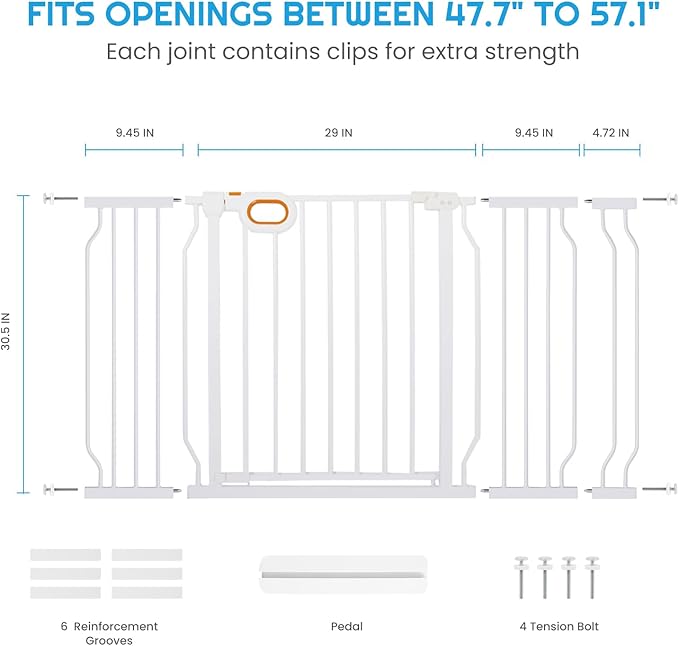 owlie Baby Gate for Stairs - 29-57'' Wide,No Drilling, Pressure Mount, White (30.5'' Tall)