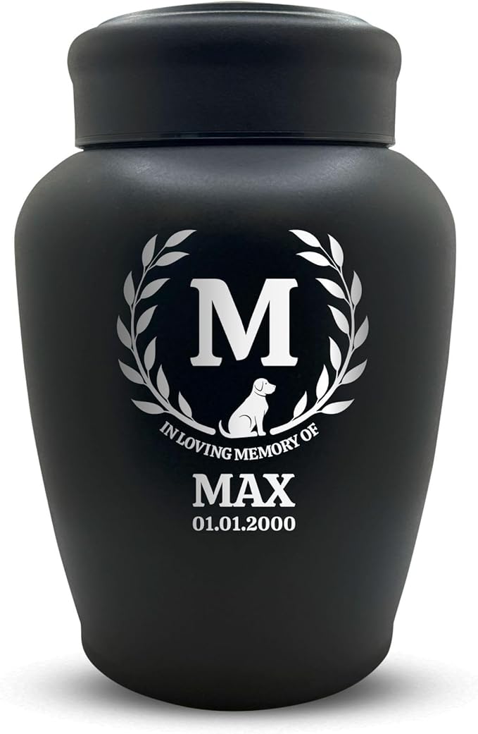 Personalized Custom Dog Urn Engraved Dog Name and Date - Stainless Steel Large Cremation urns for Dogs Ashes with Airtight Closure | up to 150 lbs Capacity | Leaves Border