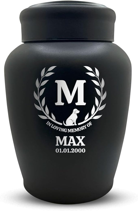 Personalized Custom Dog Urn Engraved Dog Name and Date - Stainless Steel Large Cremation urns for Dogs Ashes with Airtight Closure | up to 150 lbs Capacity | Leaves Border