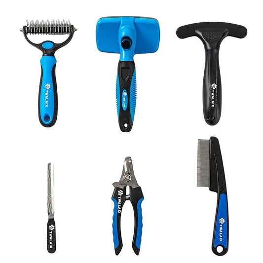 6 in 1 Pet Grooming Kit for Dogs & Cats - Deshedding Brush, Undercoat Rake, Slicker Brush, Nail Clipper, Nail File & Flea Comb for All Coat Types