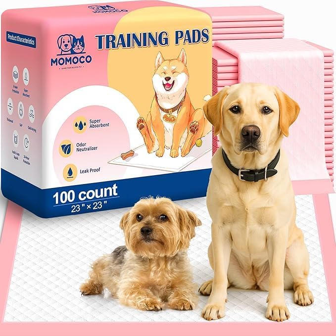 MoMoCo Pink Puppy Pads 23" x 23", 6-Layer Super Absorbent Dog Pee Pads, Leak-Proof Training Pads for Hardwood Floors & Apartments, Flash-Dry Disposable Potty Pads for Puppies & Senior Dogs, 100 Count