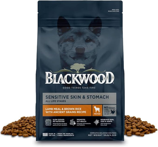 Blackwood Sensitive Skin & Stomach Dry Dog Food, Lamb Meal & Brown Rice with Ancient Grains, 10 Pound Bag with Prebiotics & Probiotics to Promote Gut Health