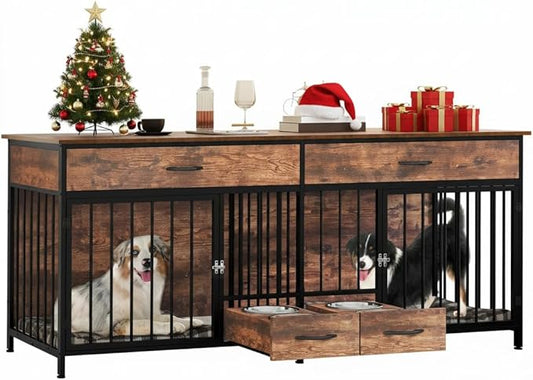 YITAHOME 74.8" Double Dog Crate Furniture with Dog Feeder, Heavy Duty Indoor Dog Kennel TV Stand with Drawers, Sturdy Dog Kennel with Divider for 2 Medium Large Dogs, Brown