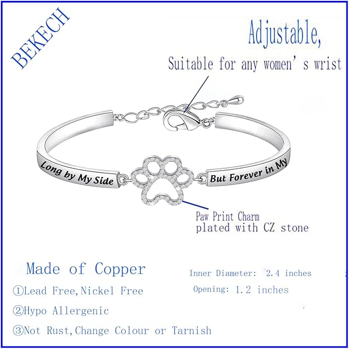 BEKECH Dog Memorial Bracelet No Longer by My Side But Forever in My Heart Crystal Paw Print Bracelet Loss of Pet Jewelry