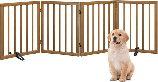 Dog Gates for Doorways, Foldable Dog Gate Indoor, Freestanding Pet Gates for Doorways Bedroom, Puppy Gate with Metal Support Feet, Room Divider 4 Panels (Walnut)