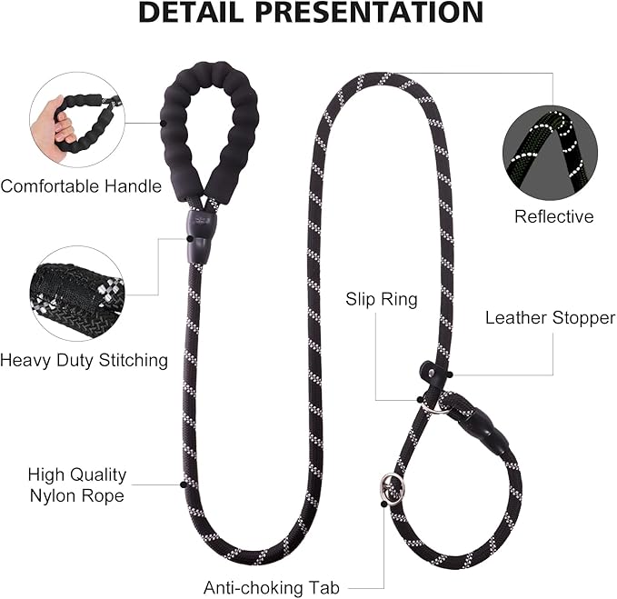 Slip Leads Dog Leash - 4/5/6/8/10 FT Heavy Duty Training Leashes - Reflective & Comfortable Handle for Small Medium Large Dogs (1/2''-6FT, Grey)