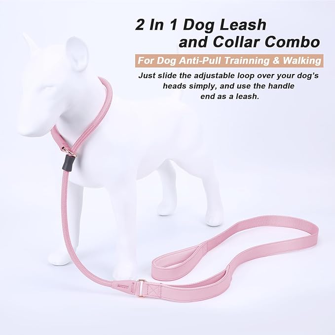 Slip Lead Dog Leash, Double Handle, Soft Leather, Heavy Duty Nylon, No Pull Walking, 5ft Pink