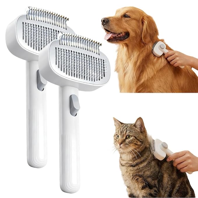 2026 New Pet Grooming Combo with Release Button, 2-in-1 Pet Self Detangling Grooming Comb with Adjustable Stainless Steel Metal Teeth, Easy to Remove Loose Undercoat Matted Fur & Tangles (2pcs)