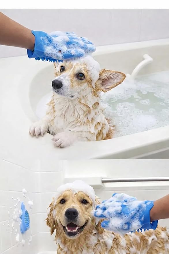 Dog Bathing & Grooming Gloves – Silicone Pet Grooming Brush for Dogs & Cats, Soft Massage Bristles for Removing Loose Hair & Dirt, Flexible Dog Shampoo Brush for Bathing & Shedding Control (Grey)