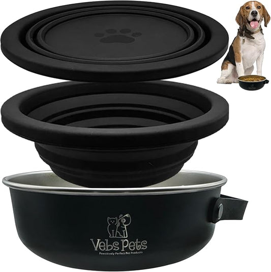 Vebs Pets- Stainless Steel Dog Bowl 30 oz, W/Collapsible Bowl Lid 20 oz W/Handle, Leak Proof, Non Slip, Food & Water Pet Bowls for Dogs & Cats, Medium Dogs, Portable Travel Dog (Black)