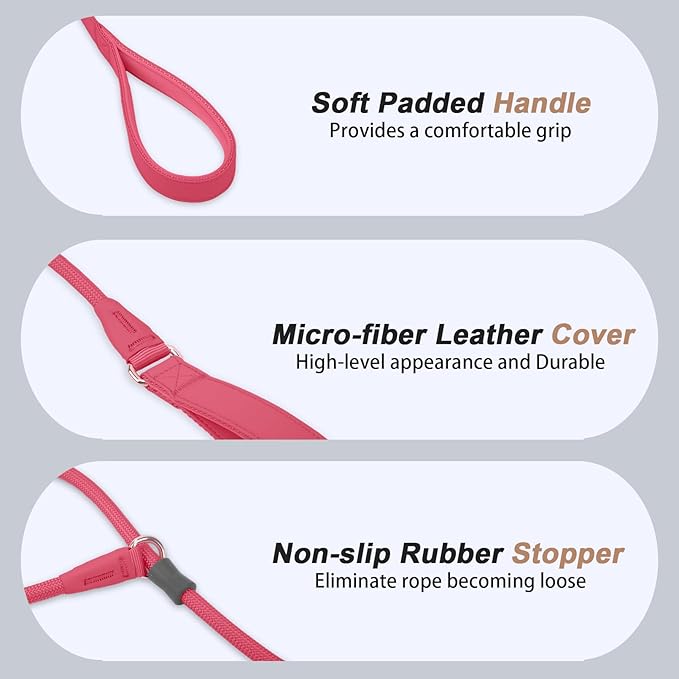 Slip Lead Dog Leash, Dog Training Leash with Double Handle, Soft Leather Slip Leash and Collar, Heavy Duty Nylon Dog Lead, No Pull Walking for Medium Large Small Dogs 6ft Hot Pink