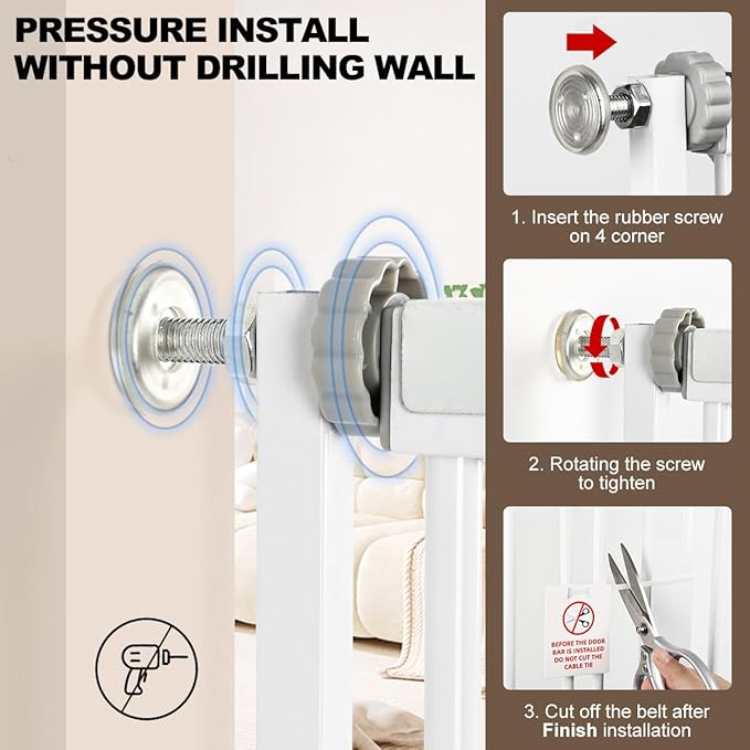51.18" Extra Tall Cat Gate for Door Way Auto Close, 30"-40" Adjustable Width Pet Gate with 2.75" and 5.5" Extension Kits, No Drilling Pressure Mount Kit, White