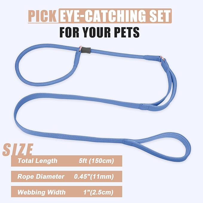 Slip Lead Dog Leash, Dog Training Leash with Double Handle, Soft Leather Slip Leash and Collar, Heavy Duty Nylon Dog Lead, No Pull Walking for Medium Large Small Dogs 5ft Blue Purple