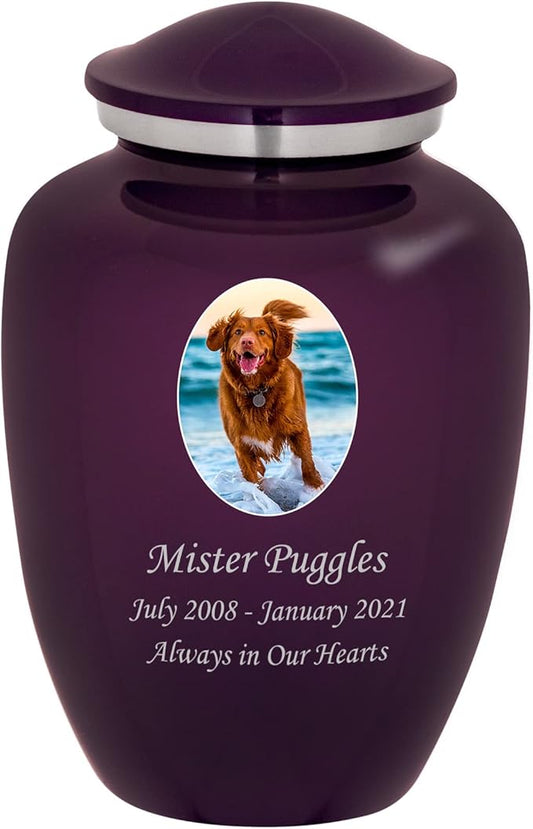 Homage Large Custom Photo Pet Cremation Urn for Pet Ashes - Vase Style Pet Urn - 200 Cubic Inch Capacity -Personalization Included (Amethyst)