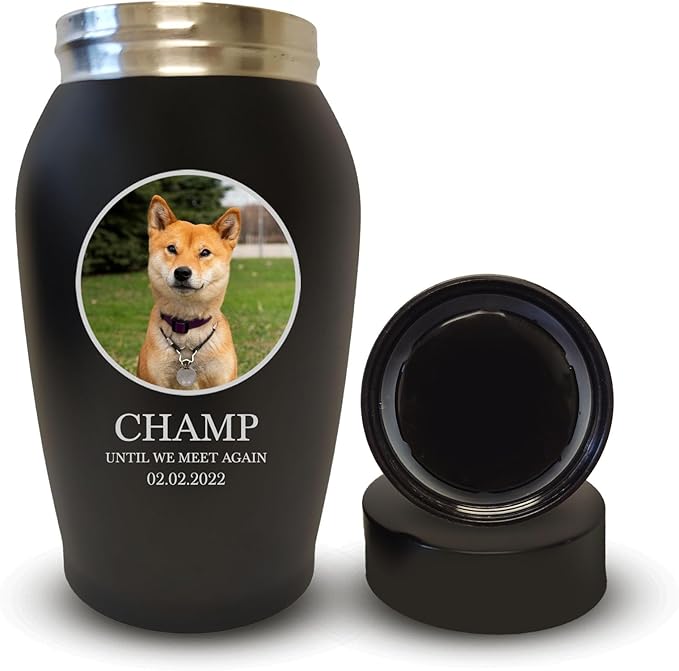Personalized Custom Photo Dog Urn Engraved Dog Name and Date Stainless Steel Cremation Urns for Dogs Ashes with Pet Photo | Up to 50 Lbs | Standard 7" x 5" | Black