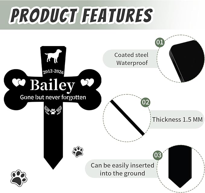 Personalized Dog Grave Marker Outdoor, Waterproof Memorial Cross for Dog Grave with Custom Name Dates, Garden Grave Markers for Dogs, Sympathy Gift for Loss of Pet