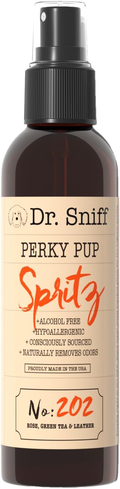 Dr. Sniff Pet Freshening Spray, Deodorizes Coat for Long Lasting Freshness, Alcohol-Free Cologne Spray, Grooming Fragrance Safe for Sensitive Skin, Rose, Green Tea, and Leather Scent, 8 oz.