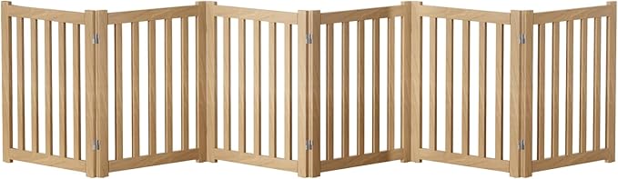 6-Panel Solid Wood Dog Gate - Freestanding Folding Pet Gate for Doorways, Stairs, Indoor, 24" Height, No Installation Needed, Natural Wood