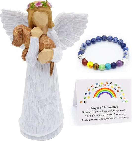 Anrkets Angel of Friendship Pet Memorial Gift – Dog Remembrance Angel Figurine with 7 Chakra Rainbow Bridge Bracelet, Sympathy Gift for Loss of a Beloved Dog