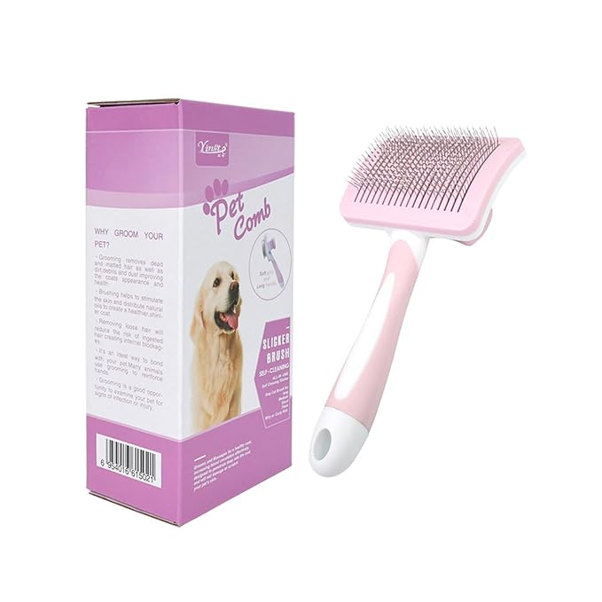 Self Cleaning Slicker Brush for Dogs & Cats, One-Click Pet Grooming Brush, Deshedding Brush for Long & Short Haired Pets, Pink 1 Pack