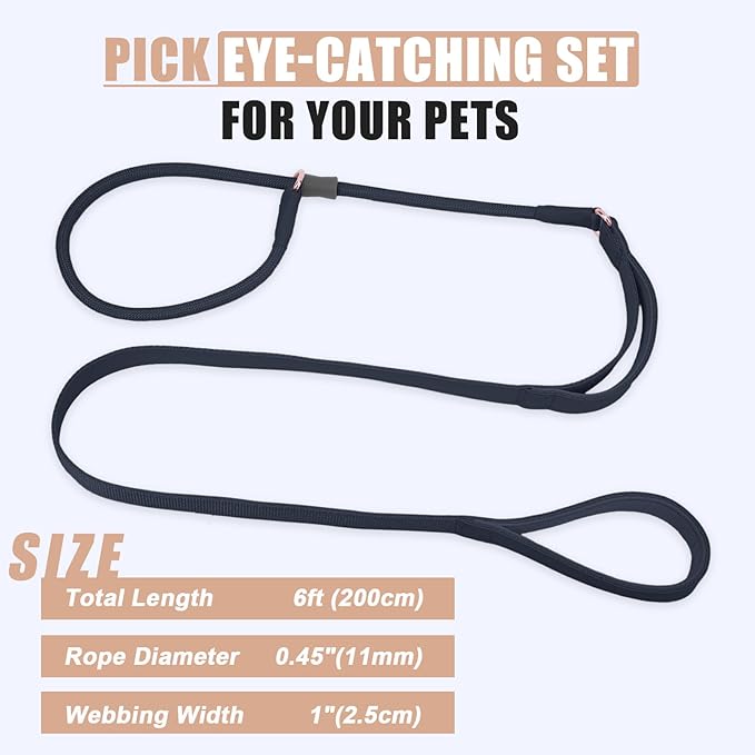 Slip Lead Dog Leash, Soft Leather Dog Training Leash with Double Handle, Heavy Duty Nylon Dog Lead Slip Lead and Collar, No Pull Walk for Medium Large Small Dogs 6ft Black