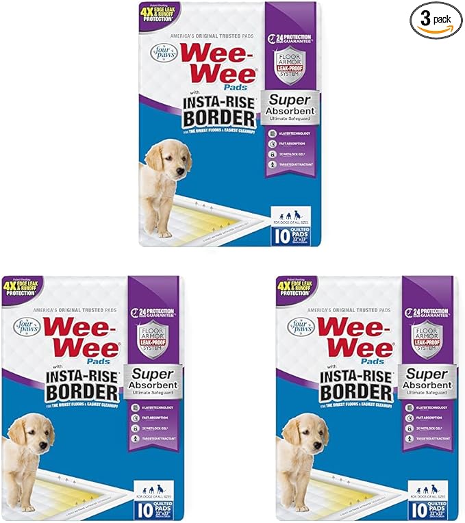 Four Paws Wee-Wee Super Absorbent Unscented Pee Pads for Dogs & Puppies with Insta-Rise Border, Leak-Proof Dog Housebreaking Potty Training Floor Protection, 22" x 23", 10 Count (Pack of 3)