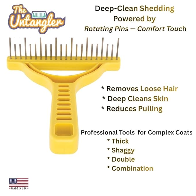 The Untangler Rakes for Grooming and Shedding -silky smooth rotating teeth to easily collect loose hair (Yellow, Shedding)