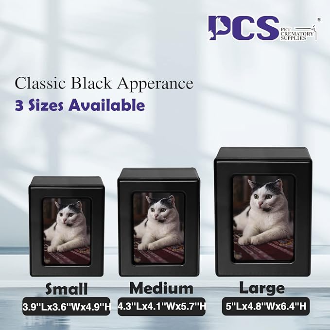 PCS Cat Urn for Ashes - Large Black Pet Cremation Box with Photo Urn Option