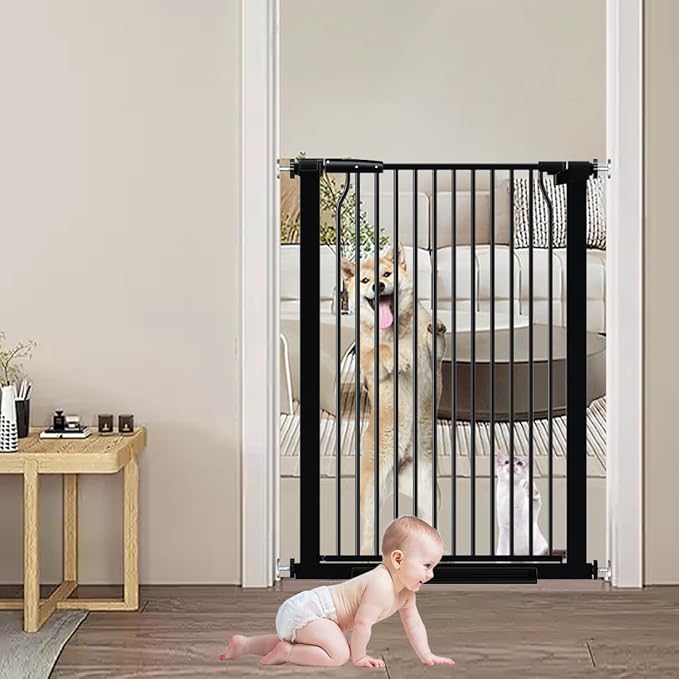 40.55" Extra Tall and Wide Baby Gate, 71.3-74 in Gates for Dogs Indoor with Door, Walk Through Long Pet Gate for Large Openings, Pressure Mounted Child Safety Gate for House Kid, Black