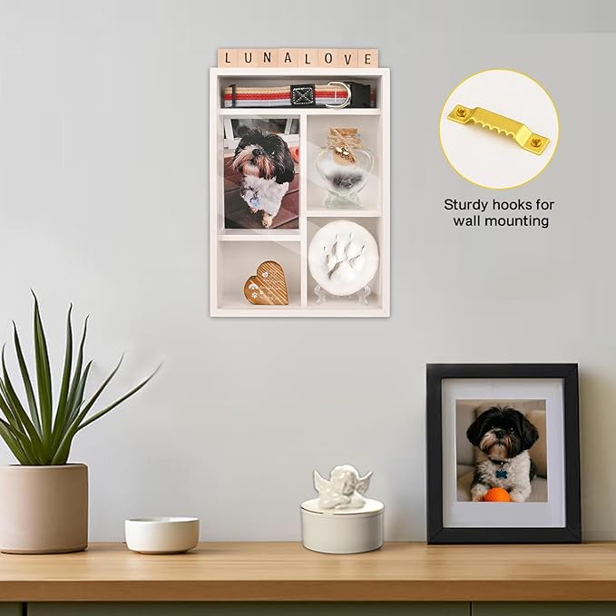 Pet Memorial Shadow Box with Shelves for Loss of Dog Cat Memorial Gifts 4X6 Picture Frame Paw Print Kit Fur Keepsake Heart Plaque Collar Holder and Personalized Blocks Pet Remembrance Sympathy Gift