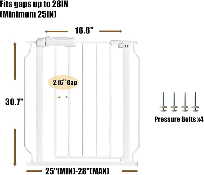 Narrow Baby Gate for Stairs 25-28 Inch Dog Gate for Doorways Hallway, Pressure Mounted Walk Through Gates, Indoor Safety Child Gates for Kids or Pets White