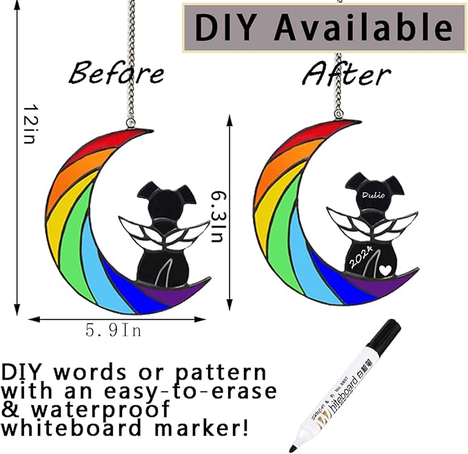 Dog Memorial Gifts for Loss of Dog Pet Sympathy Hanging Gift Black Angel Dog on Rainbow Moon Acrylic Beverage Suncatcher Ornaments Decor Window Wall Gift for Dog Lover