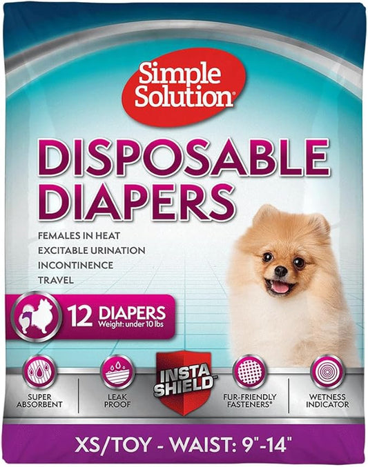 Simple Solution Disposable Dog Diapers for Female Dogs, Leak Proof Diaper for Dogs, Potty Training, XS Puppy Training, Incontinence, Diaper for Peeing, For Small Pets, 9-14 Inch Waist, 12 Count