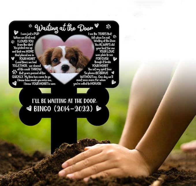 Personalized Dog Memorial Stake Custom Dog Photo Waiting At The Door Dog Bone Metal 12x12 inch Pet Grave Marker Dog Loss Gift Sympathy Gift for Dog Lover (Style 36)