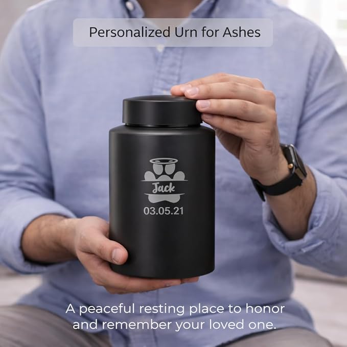 Personalized Cremation Keepsake Pet Ashes Urn Waterproof with Airtight Closure Customized Text Engraving Vase Container Memorial Dog Cat Funeral Decorative (Monogram paw with Halo)