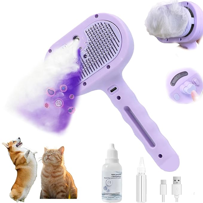 2025 Dog Steam Brush, 4-in-1 Universe Dog Brush with Spray and UV Disinfection, Effortlessly Removes Loose Fur, Dirt while Massage Pet (Purple+leave-in solution)