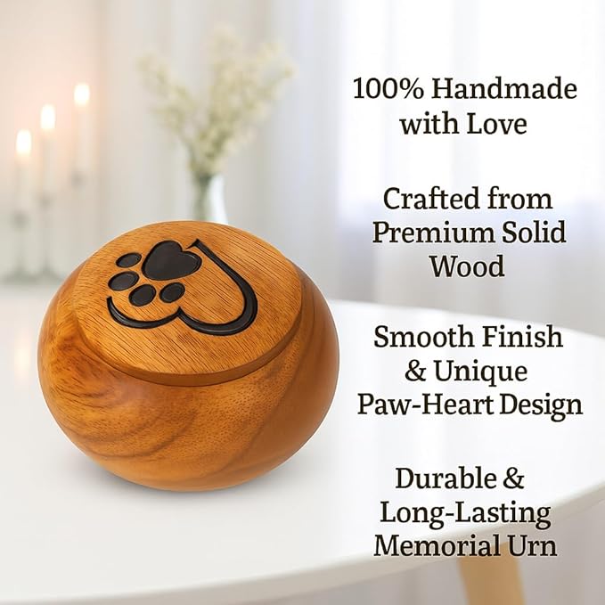 Handcrafted Small Pet Urn for Ashes – Mango Wood Memorial Keepsake for Dog or Cat – Paw & Heart Design – Holds up to 6 lbs – Mini Cremation Urn Box