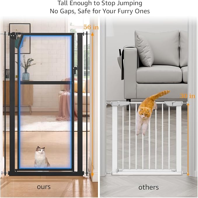 unipaws 56" Extra Tall Pet Gate, Clear Transparent Tall Cat Gate, 29.5-33.5" Wide No Drilling Pressure Mounted Dog Gate for Doorway, Hallway, Stairs, Black