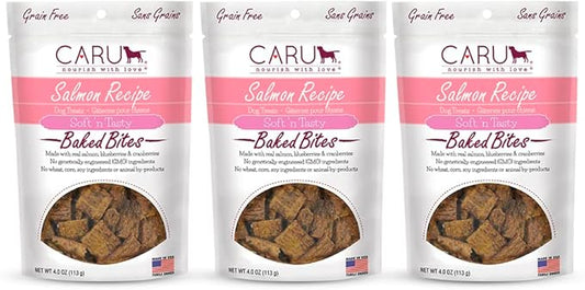 Caru Soft n' Tasty Baked Bites Salmon Bites Dog Treats for Training - Real Meat with Blueberries & Cranberries - 4 oz Bags - Pack of 3