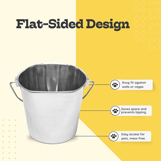 Flat Side Stainless Steel Bucket 9 Quart Hanging Feeding Utility Pail for XL Dog Goat Sheep Horse Livestock, Fits Kennel Cage Farm, Heavy Duty Food & Water Feeder, 2.25Gallon Silver 2Pack